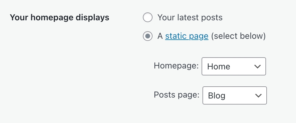 A static page is selected, and pages are chosen for homepage and posts pags.